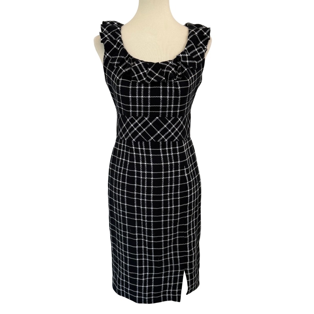 Kay Unger Black White Windowpane Plaid Ruffle Sheath‎ Dress Sz 4